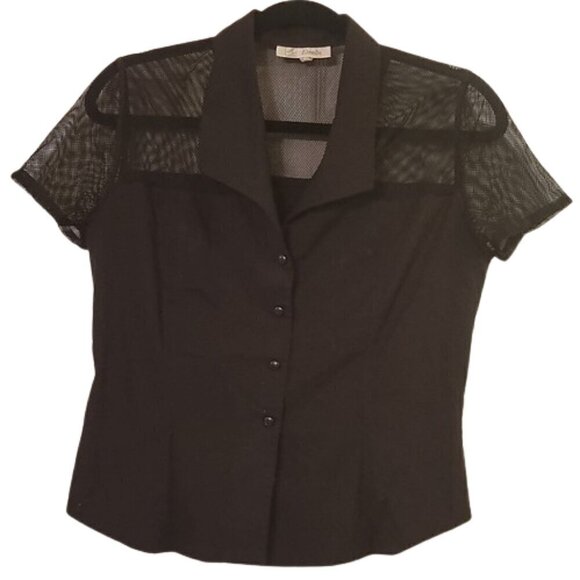 Black Mesh Insert Short Sleeve Womans Button Up Stretch Shirt Size Small - Picture 3 of 6